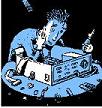 Graphic of computer engineer, sitting at round table with a disassembled computer control box and one hand is at the side of his face while other hand is holding a screwdriver.