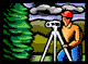 On the right-hand side is a surveyor with red hat orange shirt and blue trousers out in the field surveying countryside, with his scope. There are hills in the background and green tree on the left-hand side.
