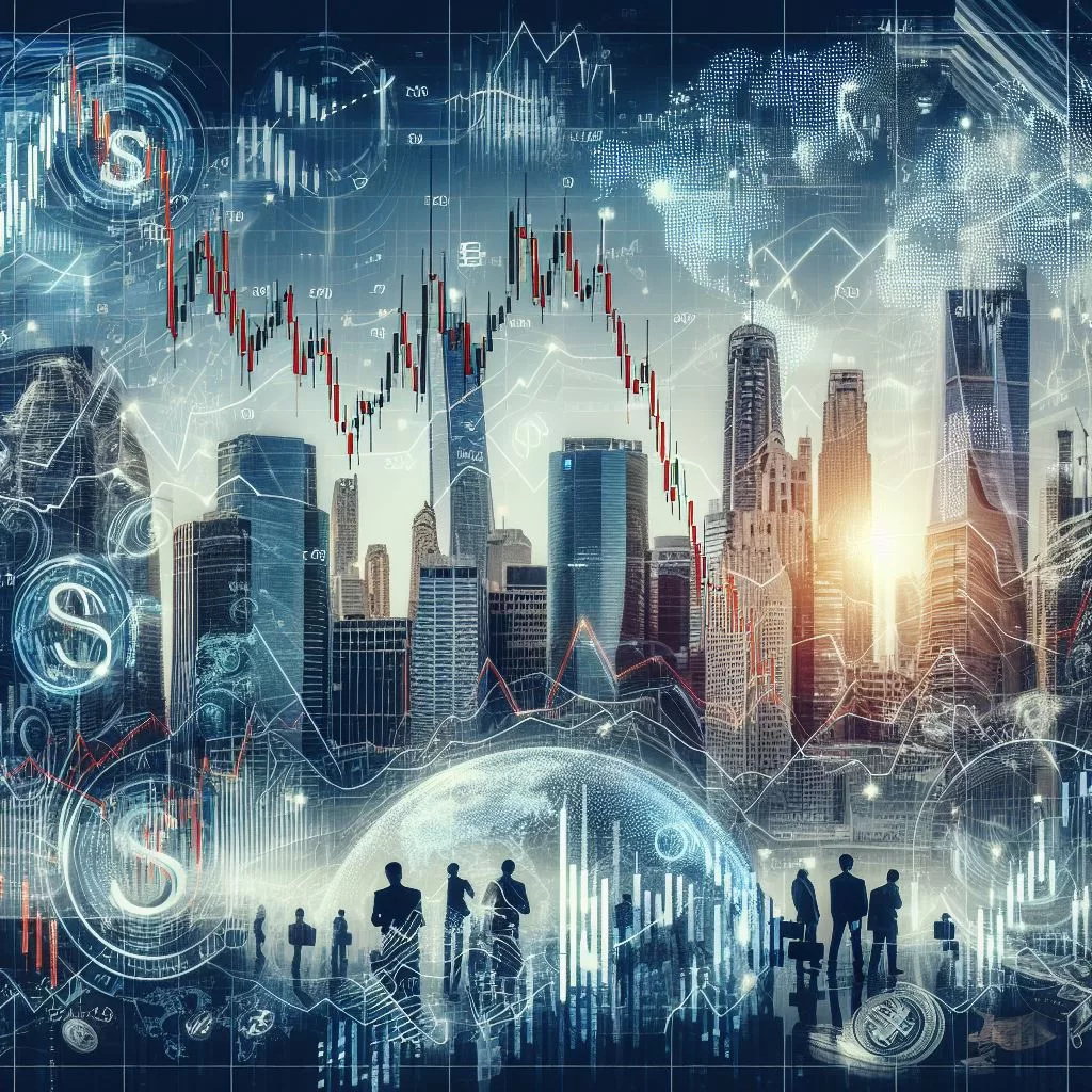 AI picture showing businesspeople standing in and outside a bubble and in the back ground is skyline of city buildings and there is a foreign exchange graph in the sky. There is a series of bubbles containing the letter “S” and other random graphics.