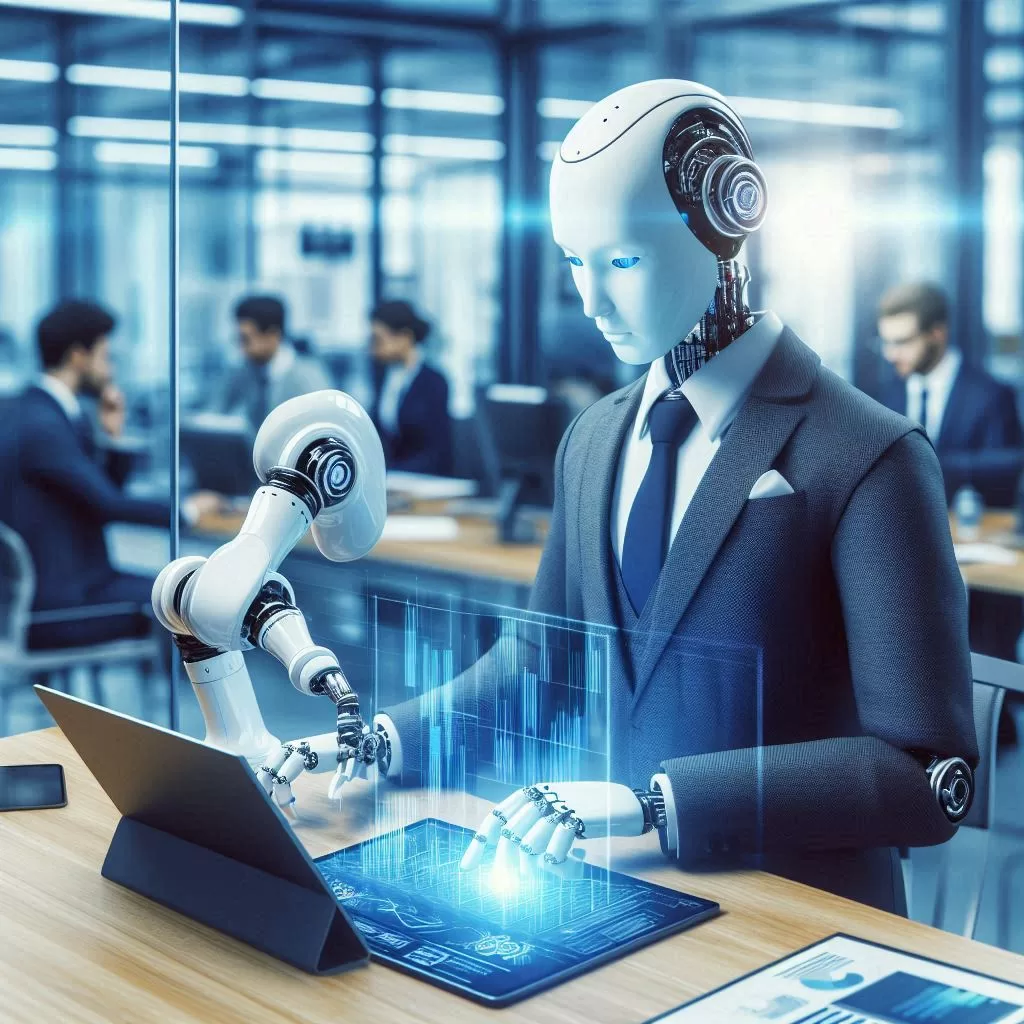an AI picture of a robot working in a business environment.