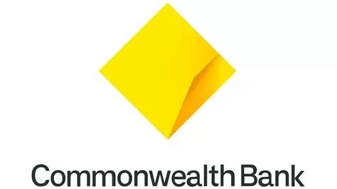 Commonwealth Bank logo yellow diamond on a white background, the diamond representing the southern cross. With the words Commonwealth bank on the bottom.