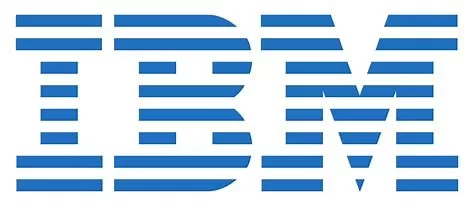 A picture of the IBM logo. It has the letters IBM in blue with 7 white horizontal stripes across them on a white background.