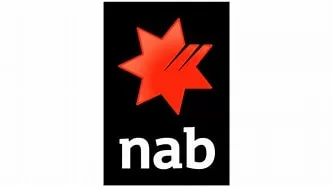 National Australia Bank logo with red star and the 7 points representing the states and territories in Australia. 2 black lines in the uppermost eastern point representing the 2 banks that merged (Commercial Banking company of Sydney and National Bank of Australasia). It has a black background with the letters nab in lowercase.
