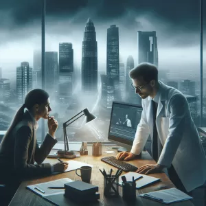 AI picture of an office worker at her desk talking to hear supervisor with a gloomy sky and city buildings background.