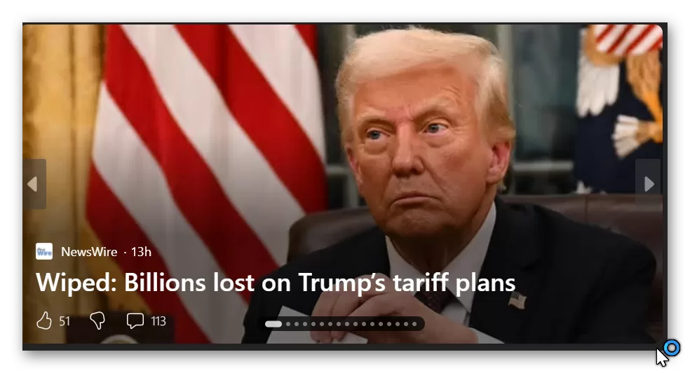Image for a newswire report showing unsmiling Donald Trump sitting in a room, with part of the Stars and Stripes in the background and the words in white “Wiped Billions lost on Trump’s tariff plans”.