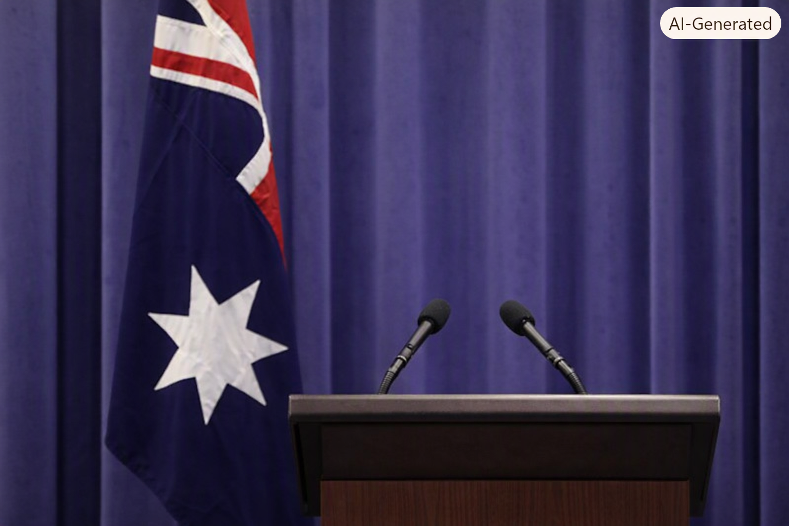 “Australian press conference setup featuring a wooden podium with two microphones in front of a blue curtain backdrop, and an Australian flag positioned to the left.