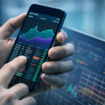 A hand holding a mobile phone with Forex graphics on it.