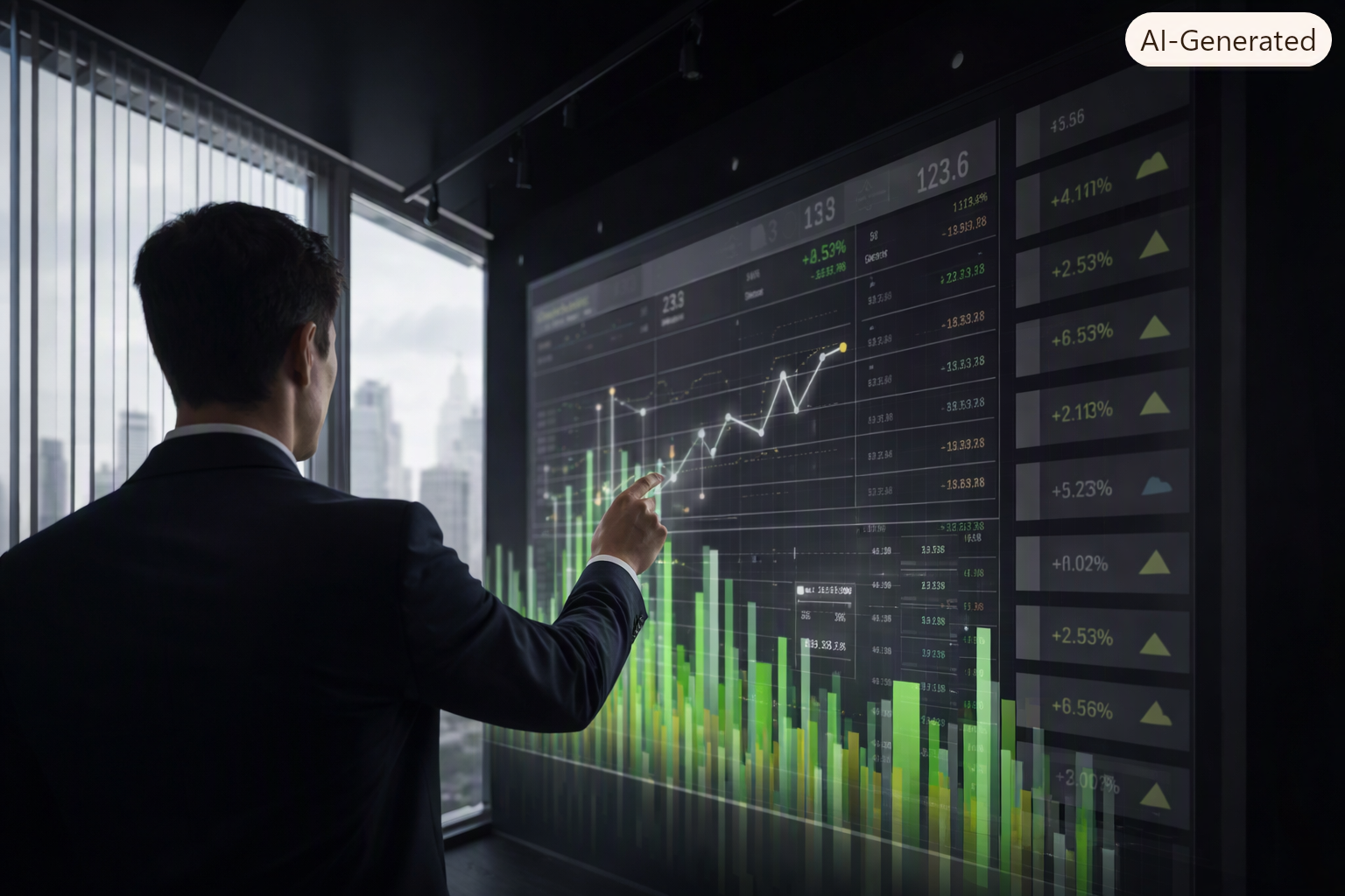 Photorealistic view from a modern office window overlooking a city skyline, with a person in a dark suit interacting with a transparent holographic display showing green and yellow bar and line charts.