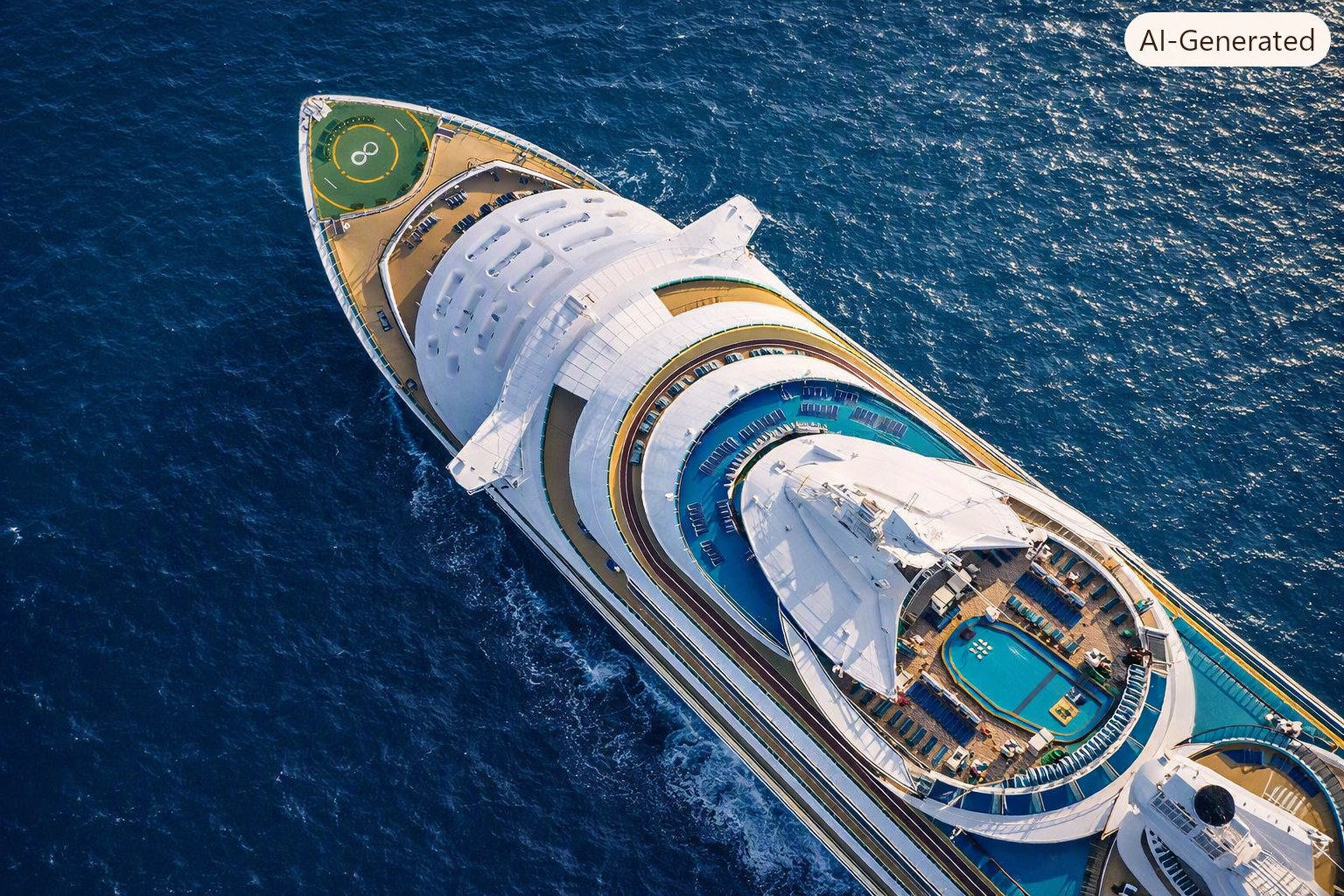 Aerial view of a luxury cruise ship sailing through deep blue ocean water, showing multiple decks, a helipad at the bow, and a pool area surrounded by lounge chairs. The scene conveys freedom and relaxation under clear daylight.