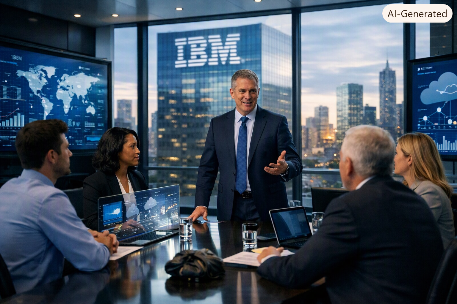 Business professionals in a modern IBM office collaborate around a glass conference table with digital screens displaying global data. A confident executive stands at the head of the table leading the discussion, with the IBM logo visible on a skyscraper outside the window.