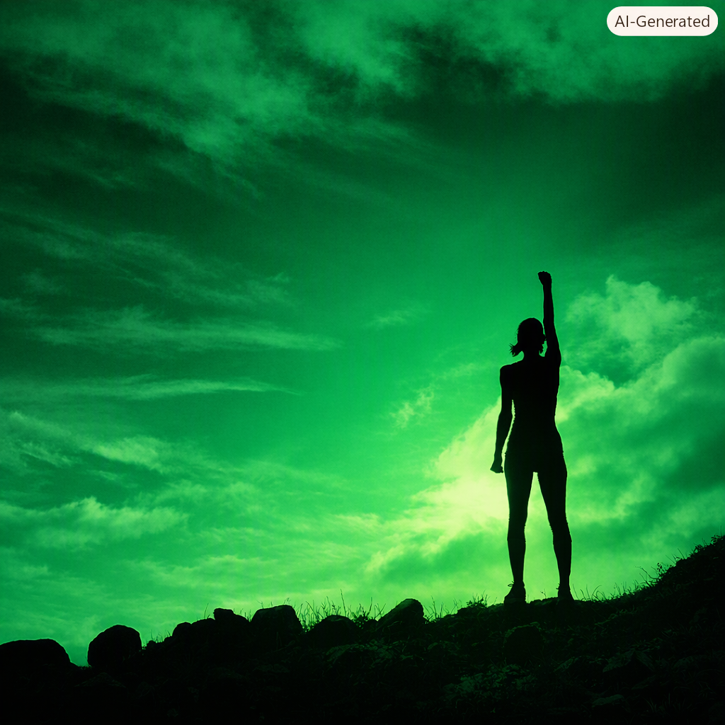 Silhouette of a person standing on a rocky hill with one arm raised triumphantly against a glowing green sky filled with clouds.