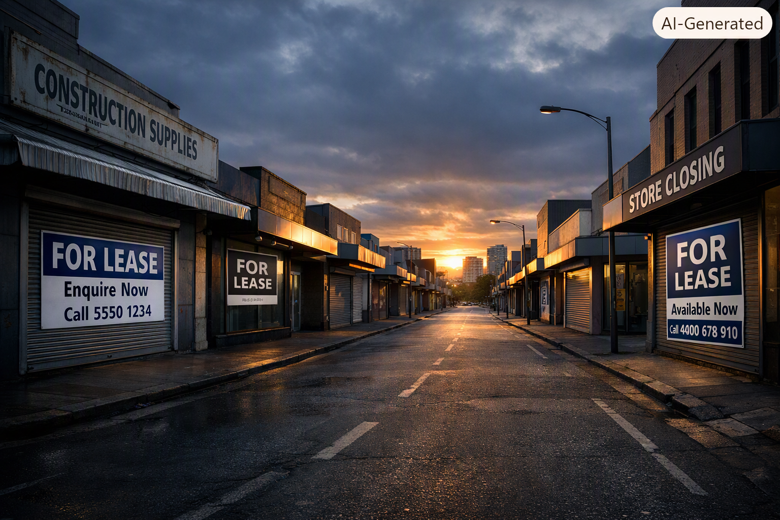Empty Australian street at dawn lined with closed shopfronts displaying ‘For Lease’ signs, reflecting widespread business closures. The rising sun breaks through dark clouds, casting a warm glow over the quiet scene.