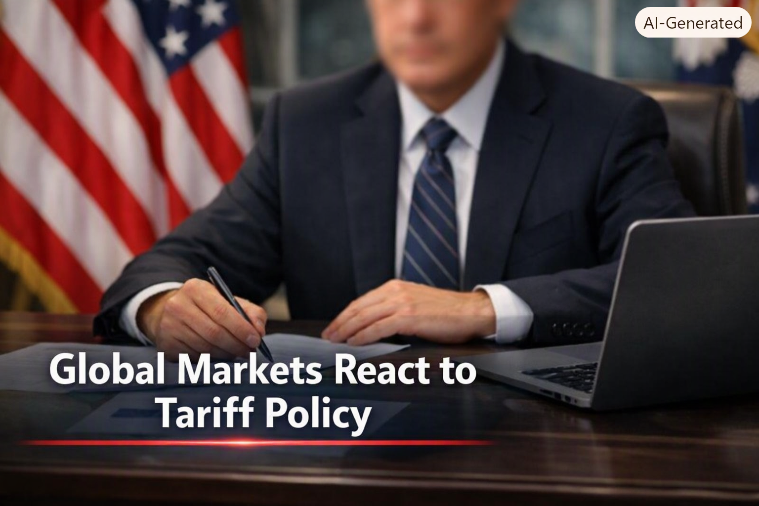 A businessperson in a navy suit sits at a desk with documents and a laptop, an American flag blurred in the background. The headline overlay reads ‘Global Markets React to Tariff Policy,’ conveying a professional news report about economic trade issues.