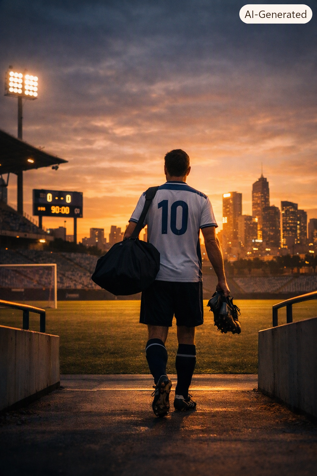 A retired soccer player walks away from an empty stadium at sunset, carrying his boots and a gym bag, heading toward a glowing modern city skyline that symbolizes new business opportunities and a hopeful future.